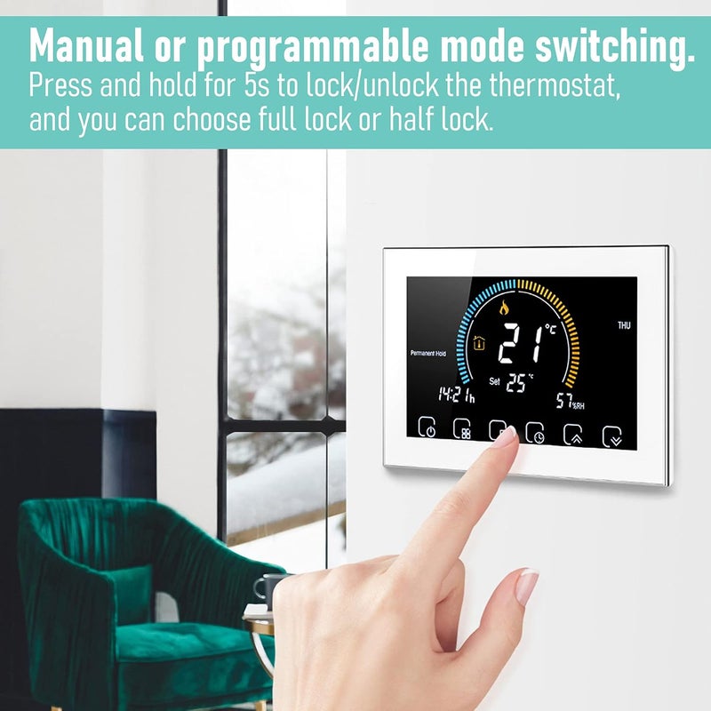 مفتاح ترموستات ذكي بشاشة لمس LCD، إطار فضي، تيار متردد 95-240 فولت - تحكم دقيق في درجة الحرارة، راحة قابلة للبرمجة بست فترات، تدفئة كهربائية منزلية (BHT-8000GB-أبيض) - Image 5