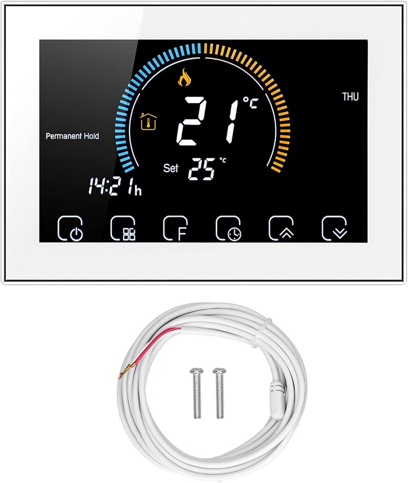 مفتاح ترموستات ذكي بشاشة لمس LCD، إطار فضي، تيار متردد 95-240 فولت - تحكم دقيق في درجة الحرارة، راحة قابلة للبرمجة بست فترات، تدفئة كهربائية منزلية (BHT-8000GB-أبيض) - Image 1