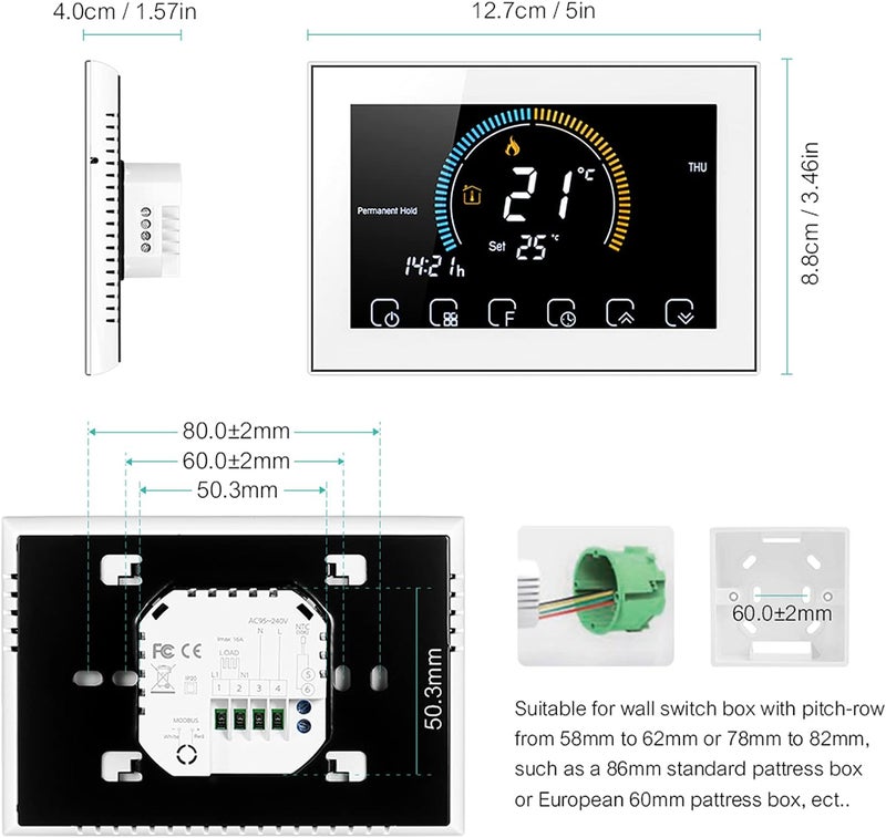 مفتاح ترموستات ذكي بشاشة لمس LCD، إطار فضي، تيار متردد 95-240 فولت - تحكم دقيق في درجة الحرارة، راحة قابلة للبرمجة بست فترات، تدفئة كهربائية منزلية (BHT-8000GB-أبيض) - Image 4