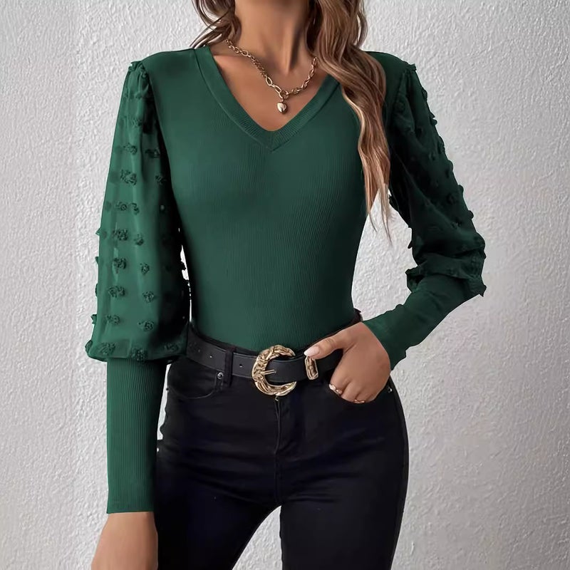 Women's Elegant Ribbed V-Neck Long Sleeve T-Shirt with Chiffon Patchwork - Image 3