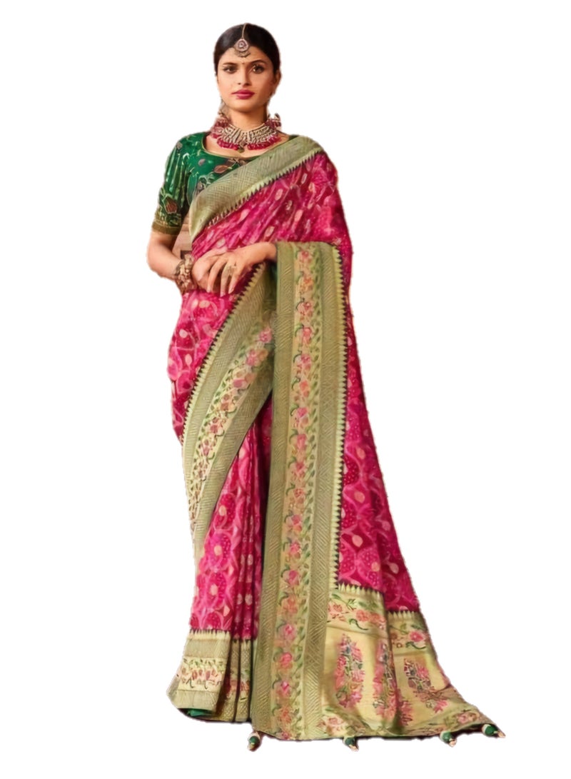 Grab Mantra Pink Banaras Silk Saree With Green heavy border Plus Unstitched Embroidered Blouse  - Image 1