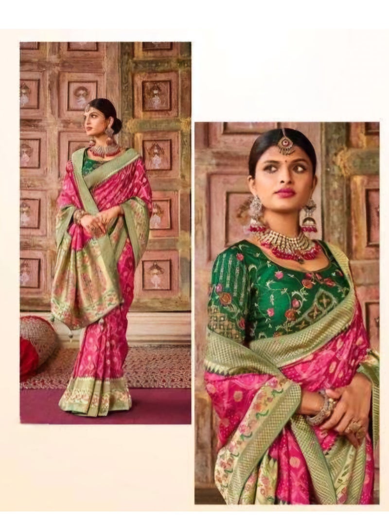 Grab Mantra Pink Banaras Silk Saree With Green heavy border Plus Unstitched Embroidered Blouse  - Image 3
