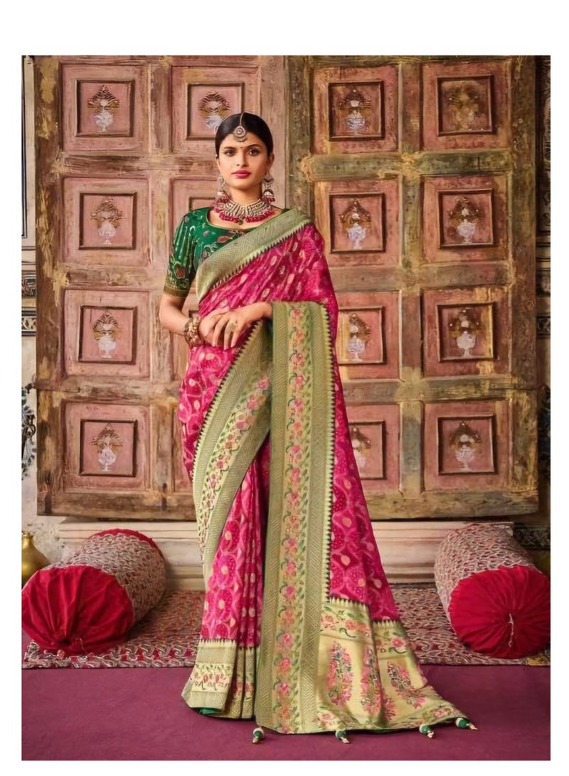 Grab Mantra Pink Banaras Silk Saree With Green heavy border Plus Unstitched Embroidered Blouse  - Image 2