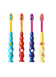 SYOSI Kids Toothbrushes BPA Free Soft Funny Suction Cup Fall in Love with Brushing Dust Covers Included Assorted Set (Blue, Orange, Yellow, Purple) 4 Pack Age 3+  - Image 1