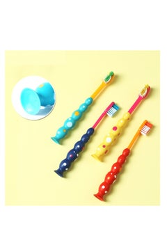 SYOSI Kids Toothbrushes BPA Free Soft Funny Suction Cup Fall in Love with Brushing Dust Covers Included Assorted Set (Blue, Orange, Yellow, Purple) 4 Pack Age 3+  - Image 2