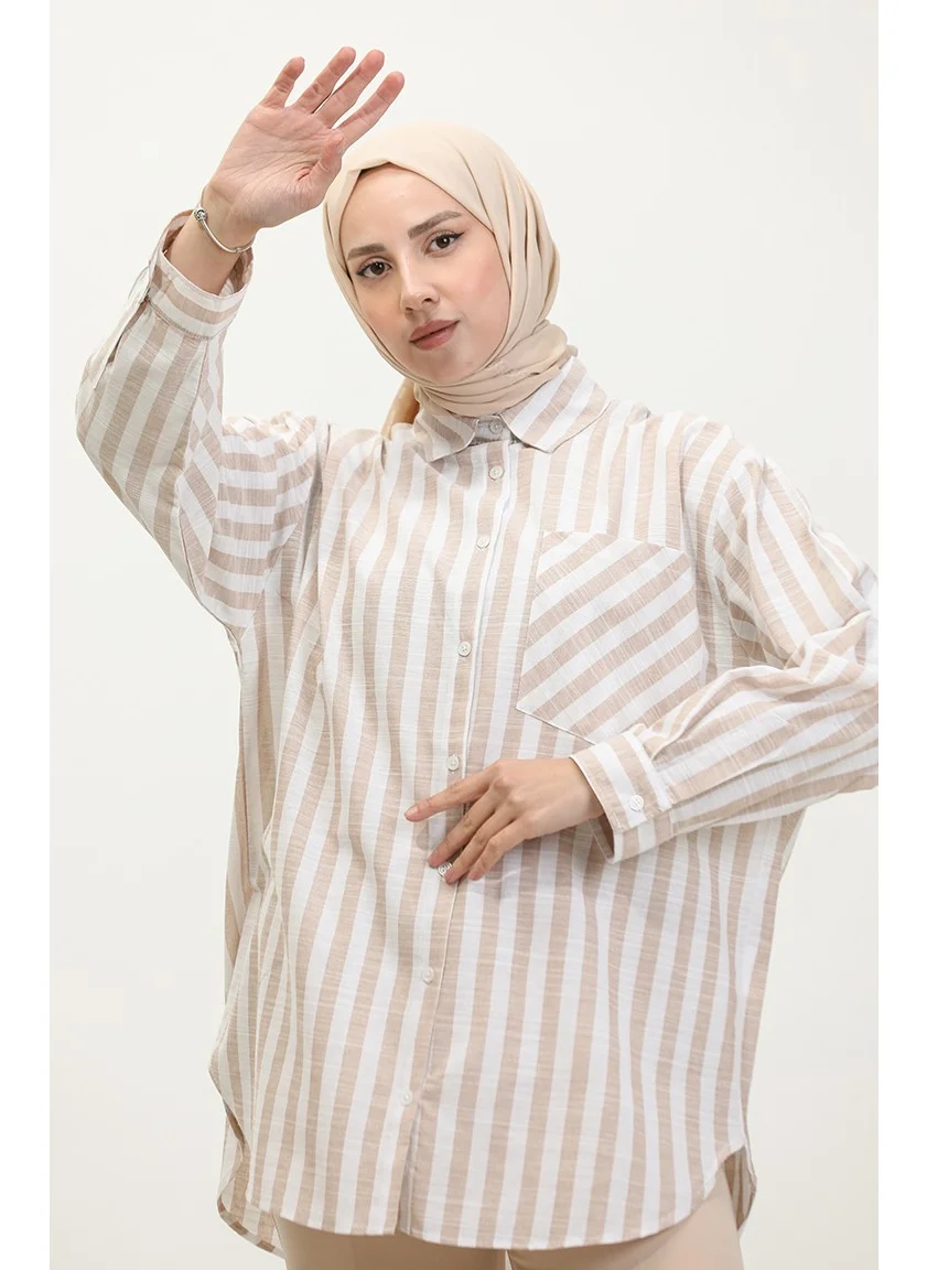 Sefa Merve Linen Blend Striped Shirt 4817-03 Mink