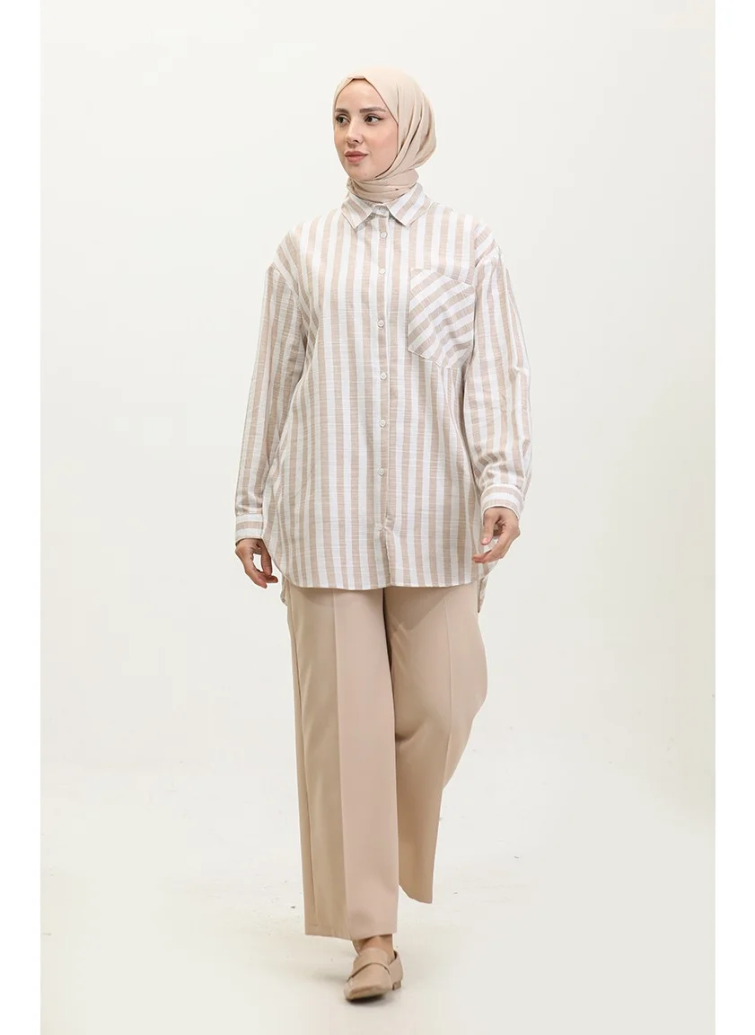 Sefa Merve Linen Blend Striped Shirt 4817-03 Mink