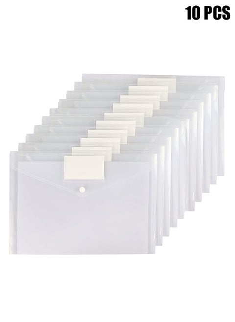 10 Pack Plastic Poly Filing Envelopes, Clear Document Folders US Letter A4 Size File Envelopes with Label Pocket & Paste Button for School Home Work Office Organization