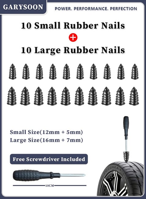 Vacuum Tire Quick Repair Plug – 3rd Generation Rubber Tire Repair Nail, Fast & Durable, For Motorcycles, Cars, Electric Vehicles, Quick Tire Repair Rubber Nails [Small 10 + Large 10] with Free Screwdriver