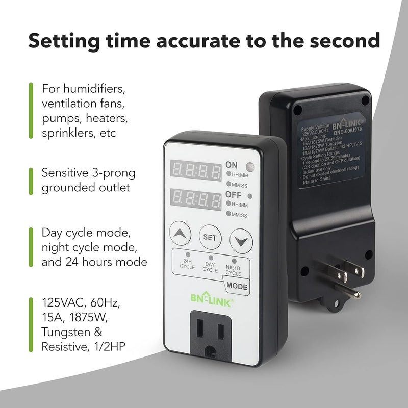 BN-LINK Timer Outlet Short Period Repeat Cycle Intermittent Digital Timer, Interval Timer - Day, Night, or 24 Hour Operation, Programmable Plug-in Timer for Appliances Electrical Outlets 15A/1875W - Image 3