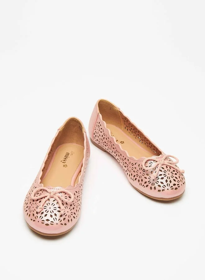 Little Missy Girls Laser Cut Ballerina Shoes with Bow Accent