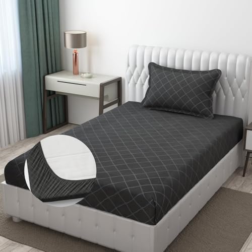 Blue Strip 220TC Glace Cotton Elastic Fitted Bedsheets Single Bed with 1 Pillow Cover | Single Bed with All Around Elastic, Size 42 X 75 Inches (Grey Check), Small_Single - Image 1