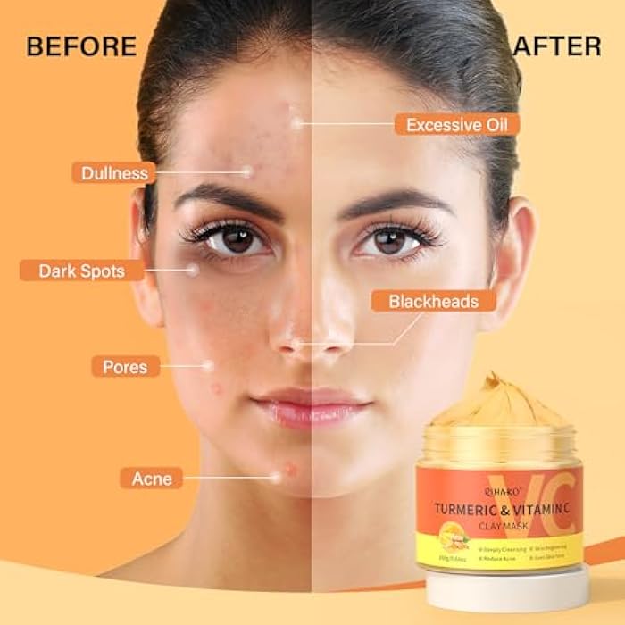 RIHAKO Stocking Stuffers for Women Turmeric Vitamin C Clay Mask| Deep Cleansing Facial Clay Mask for Dark Spots, Dull Skin, Refining Pores and Controlling Oil,Dark Spot Remover for Face,Face Masks Skincare - Image 3
