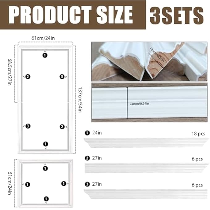 3 SET SOLID WOOD WAINSCOTING PANELS KIT - QUICK INSTALLATION ACCENT WALL MOLDING, READY-TO-ASSEMBLE PRE MADE WAINSCOTING WALL PANEL FOR HOME DCOR (PREMIUM TEXTURED FINISH) - Image 3