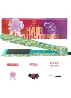 DORISILK DORISILK 480F High Temp Titanium Flat Iron Hair Straightener and Curler 2 in 1 Bedazzled Rhinestone Crystal Bling Straightening Curling Flattening Iron 30s Fast Heat Dual Voltage 2 Inch Light Green 