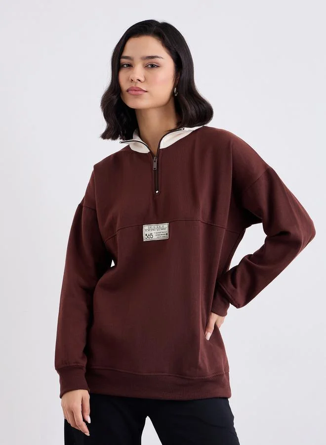 Styli Brown Longline Sweatshirt with Badge Detail