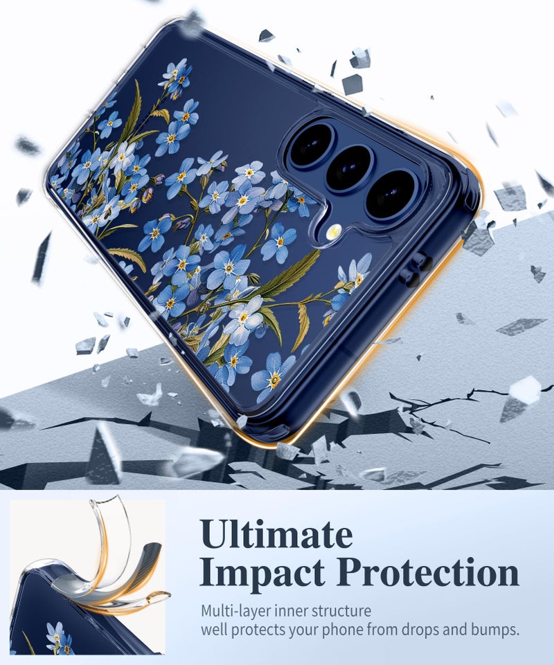 GVIEWIN for Samsung Galaxy S25 Plus Case with Screen Protector & Camera Lens Protector, [Non Yellowing] Clear Floral Hard Shockproof Bumper Women Phone Case for S25 Plus 6.7" (Aconite/Blue) - Image 4