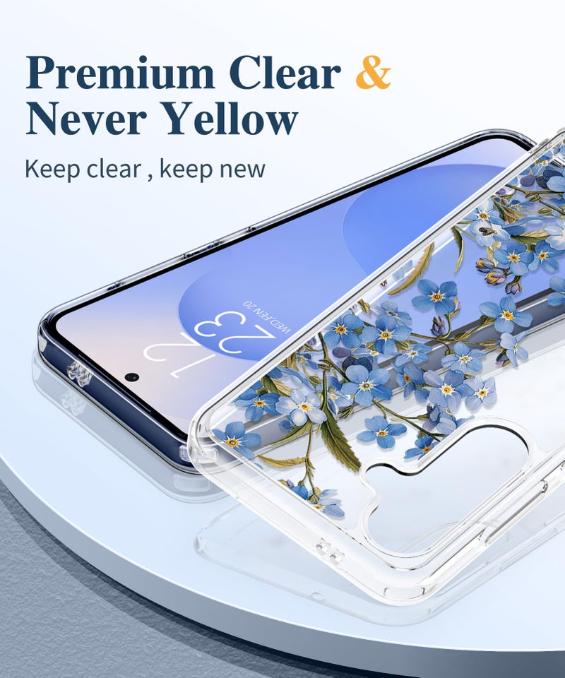 GVIEWIN for Samsung Galaxy S25 Plus Case with Screen Protector & Camera Lens Protector, [Non Yellowing] Clear Floral Hard Shockproof Bumper Women Phone Case for S25 Plus 6.7" (Aconite/Blue) - Image 3