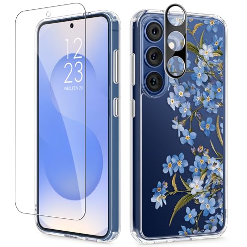 GVIEWIN for Samsung Galaxy S25 Plus Case with Screen Protector & Camera Lens Protector, [Non Yellowing] Clear Floral Hard Shockproof Bumper Women Phone Case for S25 Plus 6.7" (Aconite/Blue) - Image 1