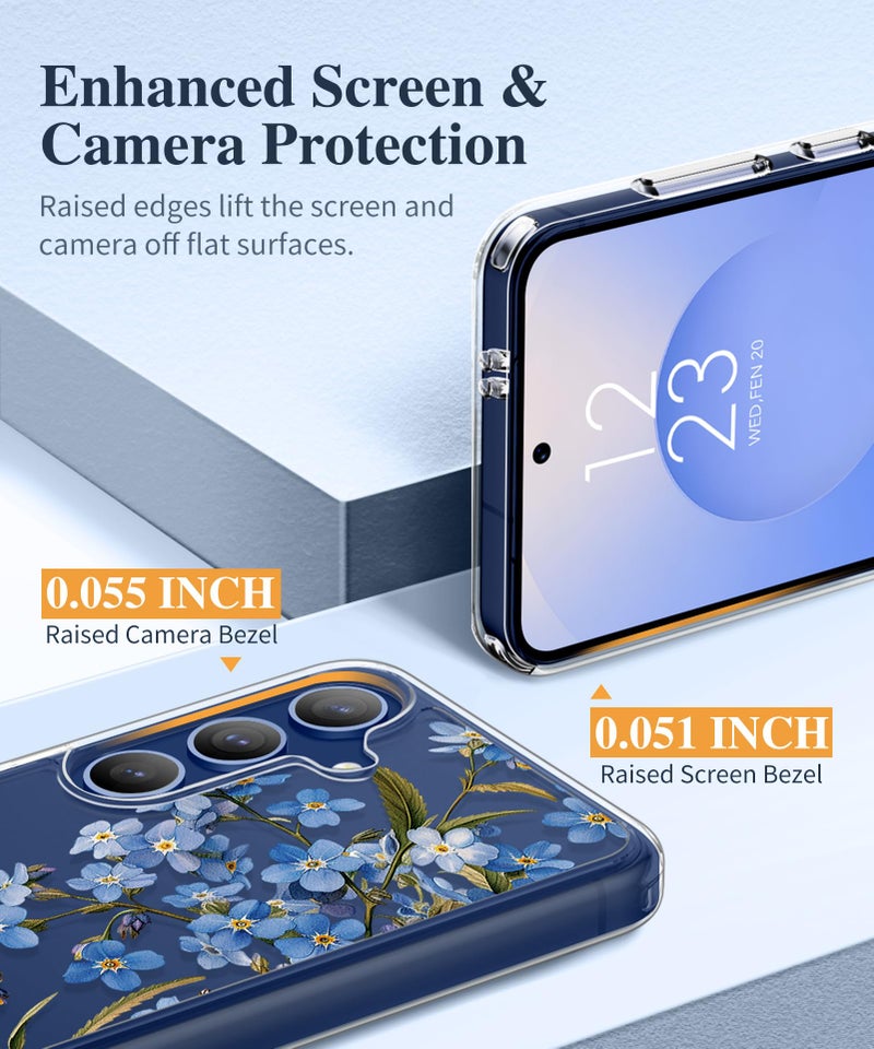 GVIEWIN for Samsung Galaxy S25 Plus Case with Screen Protector & Camera Lens Protector, [Non Yellowing] Clear Floral Hard Shockproof Bumper Women Phone Case for S25 Plus 6.7" (Aconite/Blue) - Image 5
