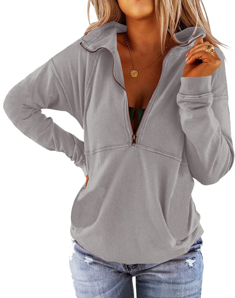 Floral Find Women's Long Sleeve Lapel Half Zip Up Sweatshirt Solid Stylish Loose Fit Casual Pullover Tops Grey - Image 1