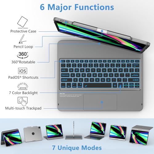 TQQ iPad Air 13 Inch Case Keyboard (M4 2026/M3 2025/M2 2024), iPad Pro 12.9 (6th, 5th, 4th, 3rd Gen) Keyboard - 360° Rotatable, 7-Color Backlight, Multi-Touch Trackpad, Thin & Light (Gray) - Image 3