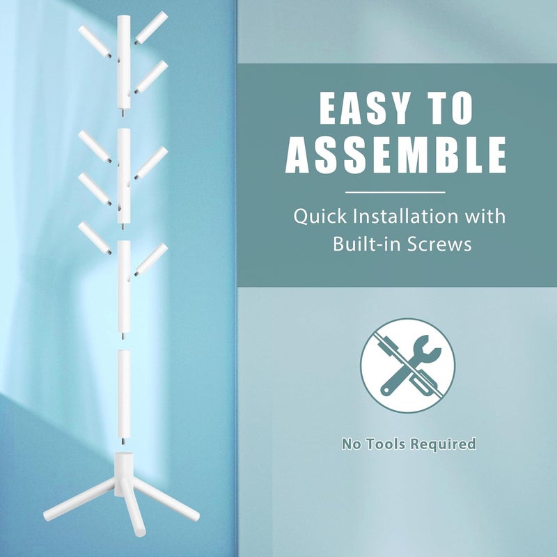 Haddockway Wooden Coat Rack Stand with 8 Hooks New Zealand Pine 3 Adjustable Coat Standing Tree Easy Assembly for Coats, Hats, Scarves and Handbags for Entryway, Hallway, Bedroom, Office, white - Image 3