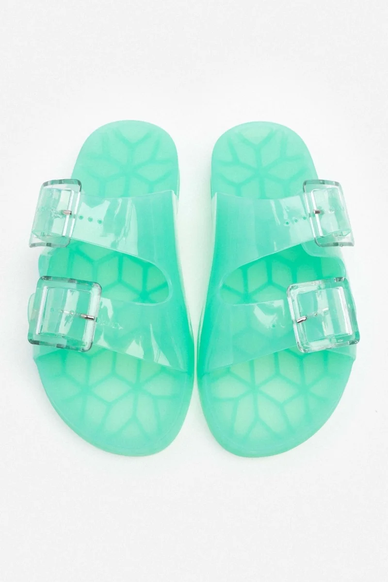 Nişantaşı Shoes Marlowe Transparent Water Green Double Buckle Detail Flat Sole Women's Slippers