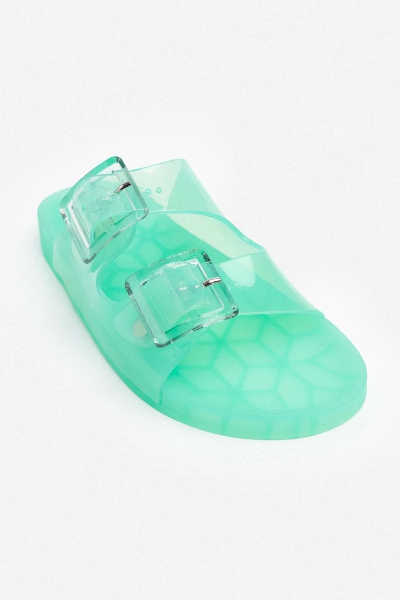 Nişantaşı Shoes Marlowe Transparent Water Green Double Buckle Detail Flat Sole Women's Slippers