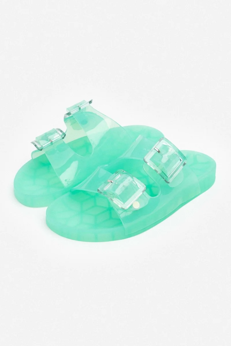 Nişantaşı Shoes Marlowe Transparent Water Green Double Buckle Detail Flat Sole Women's Slippers