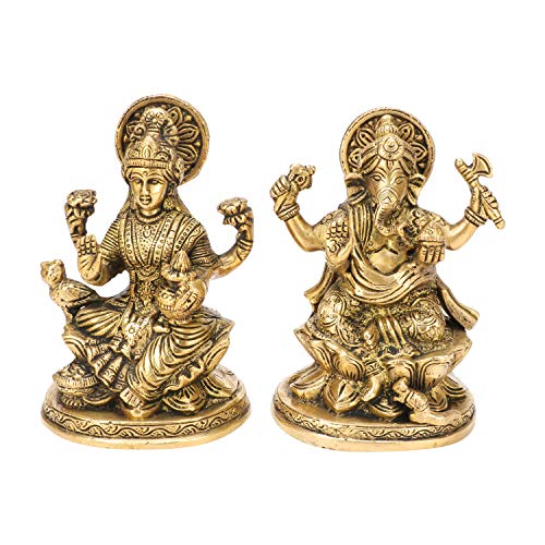 Kartique Brass Ganesha Laxmi Ganesh Lakshmi Bhagwan Idol Sitting on Lotus - Image 1