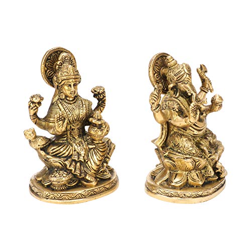 Kartique Brass Ganesha Laxmi Ganesh Lakshmi Bhagwan Idol Sitting on Lotus - Image 2