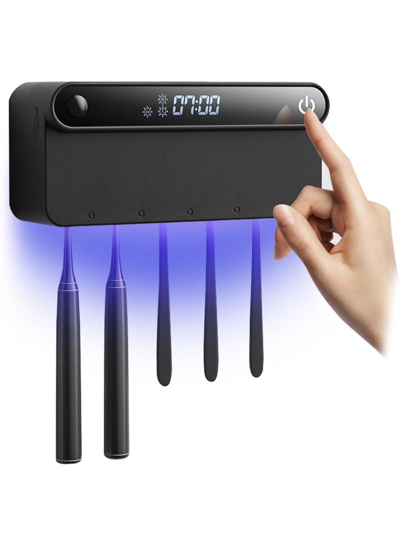 معقم فرشاة أسنان بالأشعة فوق البنفسجية معقم فرشاة أسنان مثبت على الحائط، حامل فرشاة أسنان مثبت على الحائط 5 فتحات مع توقيت تجفيف التعقيم، تخزين فرشاة أسنان كهربائية لاسلكية قابلة لإعادة الشحن للحمام - Image 1