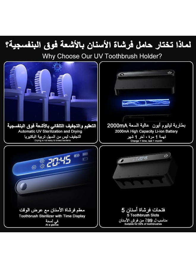 معقم فرشاة أسنان بالأشعة فوق البنفسجية معقم فرشاة أسنان مثبت على الحائط، حامل فرشاة أسنان مثبت على الحائط 5 فتحات مع توقيت تجفيف التعقيم، تخزين فرشاة أسنان كهربائية لاسلكية قابلة لإعادة الشحن للحمام - Image 4