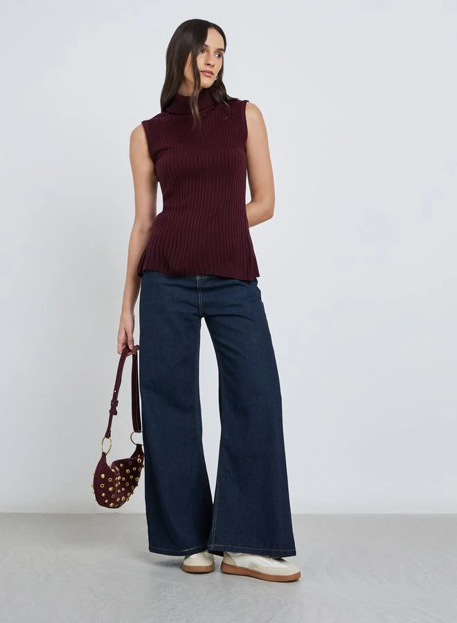 Styli Styli Burgundy Ribbed Turtleneck Sleeveless Sweater