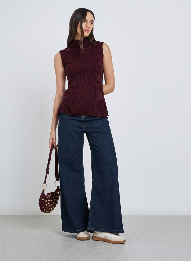 Styli Burgundy Ribbed Turtleneck Sleeveless Sweater - Image 2