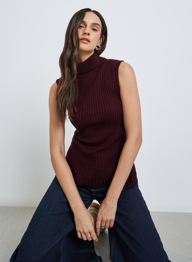 Styli Burgundy Ribbed Turtleneck Sleeveless Sweater - Image 1