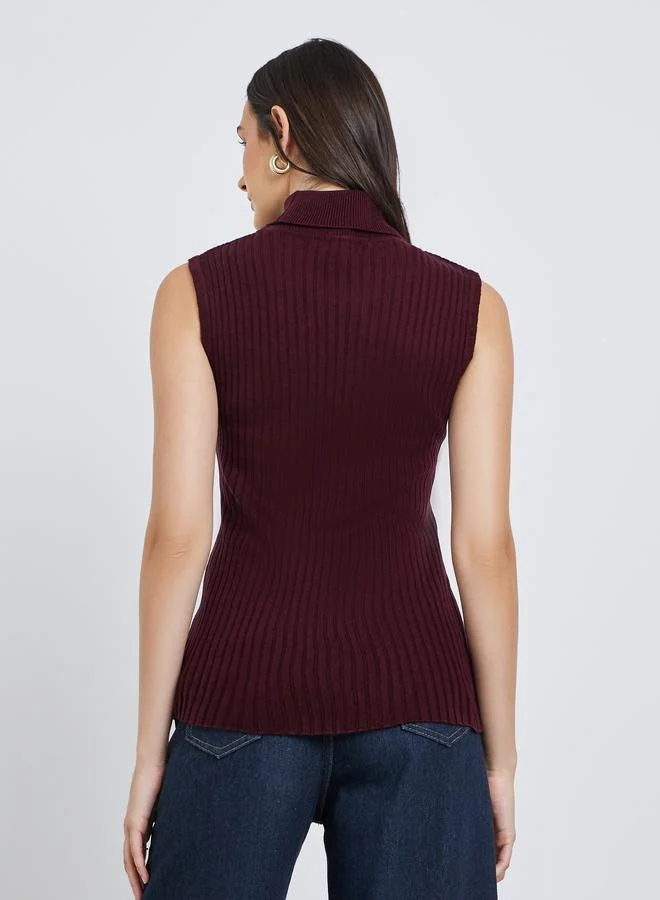 Styli Styli Burgundy Ribbed Turtleneck Sleeveless Sweater