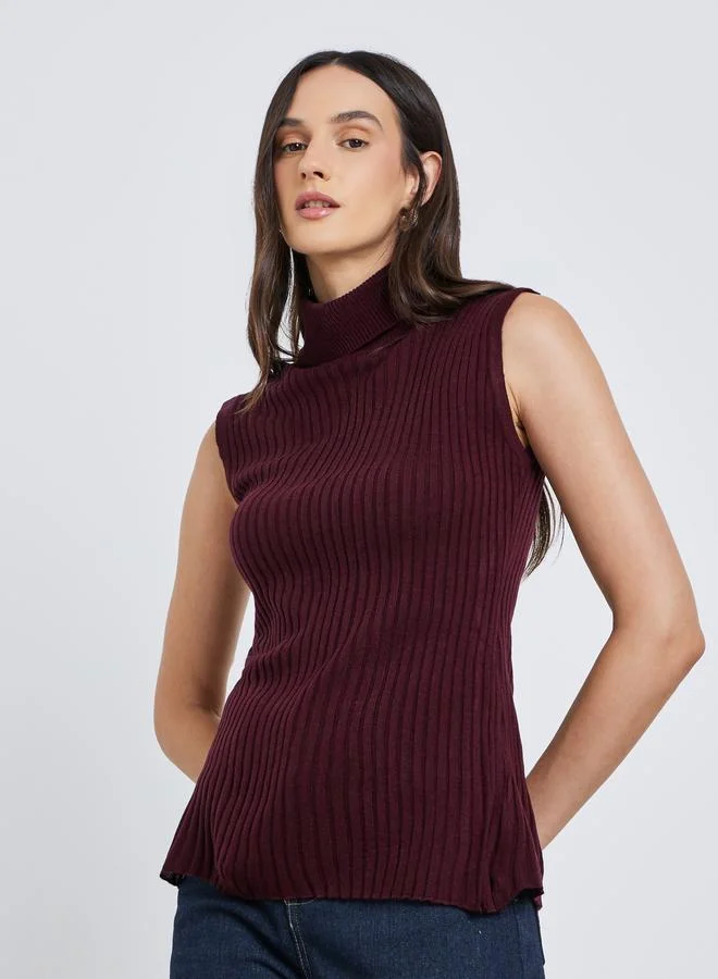 Styli Styli Burgundy Ribbed Turtleneck Sleeveless Sweater
