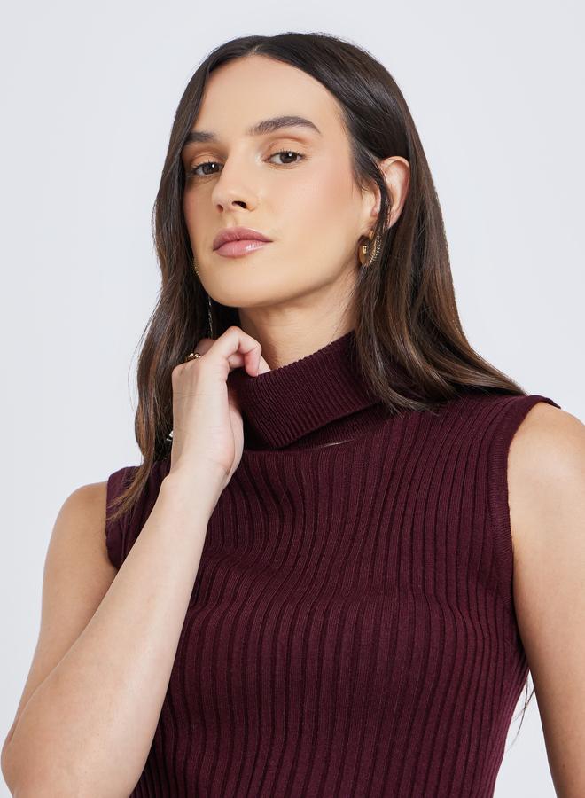 Styli Burgundy Ribbed Turtleneck Sleeveless Sweater - Image 4