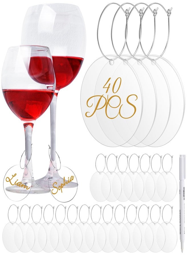 Tondiamo 40 Pcs DIY Wine Charms for Glasses Silver Acrylic Wine Charms with Rings Tags Marker Pen Round Blank Glass Labels Bulk for Stem Glasses Cocktail Champagne Wedding Dinner Party Favor - Image 1