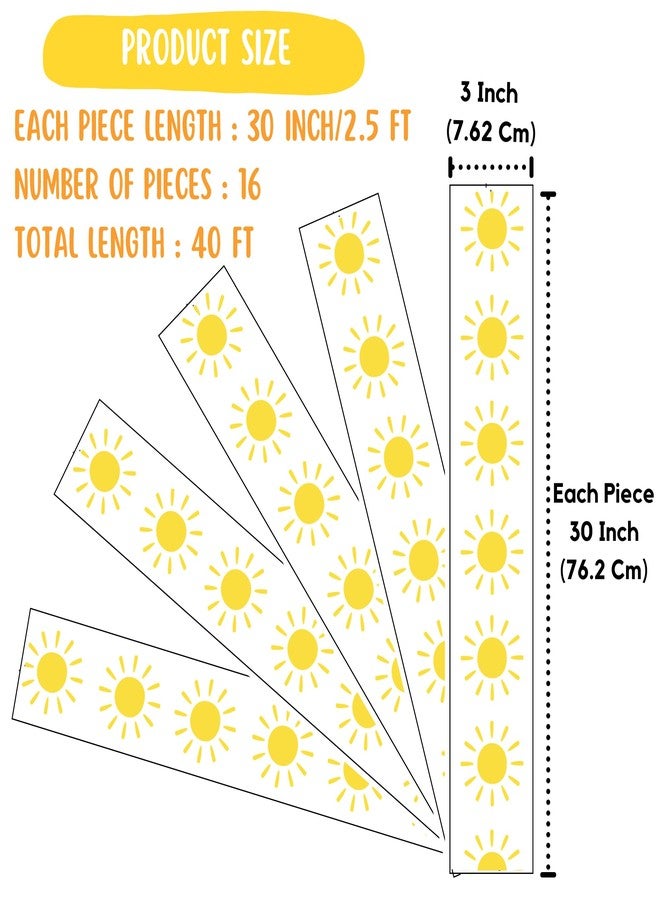 Prakruthi Pulp Art حواف لوحات الإعلانات للفصول الدراسية، والعودة إلى المدرسة، والمكاتب، وتزيين الحفلات - تصميم شمس صفراء - عرض 3 بوصات × طول 30 بوصة (16 شريطًا) - Image 2