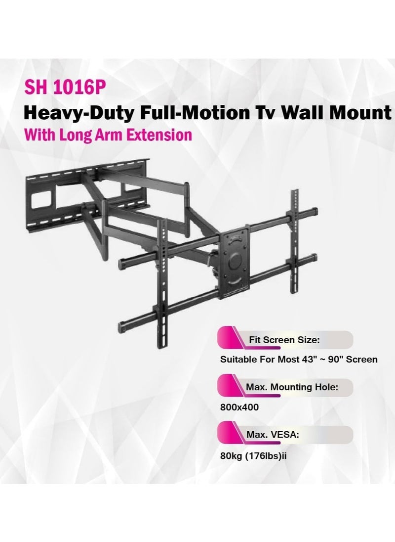 ELTRAZONE SH-1016P Heavy-Duty Full-Motion TV Wall Mount with Long Arm Extension – Supports 43" to 90" TVs up to 80kg (176lbs) – Max Mounting Hole 800x400mm – Durable Black Finish – Flexible Tilt, Swivel & Rotation for Optimal Viewing - Image 4