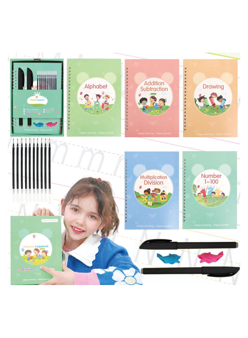 SYOSI Magic Practice Copybook for Kids, Reusable Handwriting Practice Workbook, Writing Practice Book for Preschools, Auto Disappearing Ink, Aid practice Grooves Template Design(5 Books with Pens) - Image 2