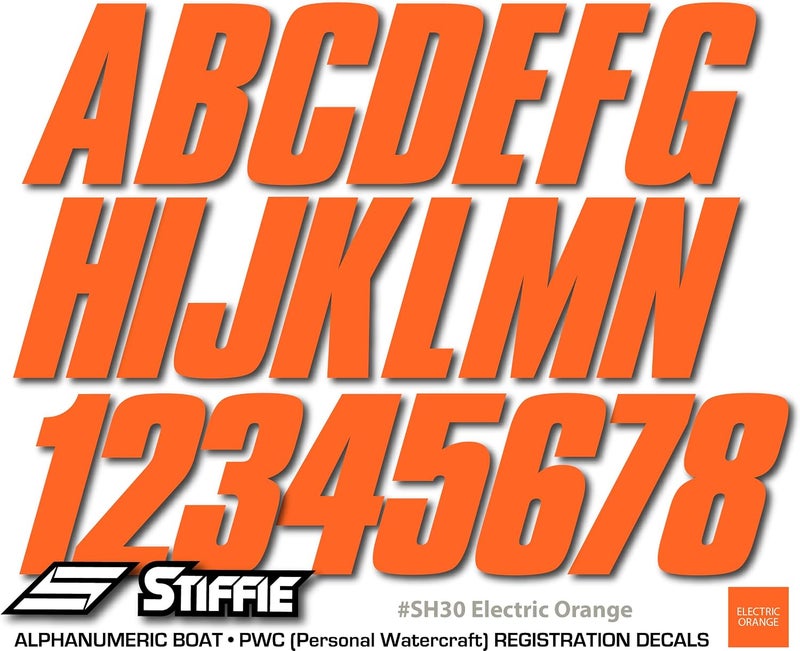 Stiffie مجموعة Stiffie Shift Electric Orange الكهربائية بطول 3 بوصات، تحتوي على ملصقات ورقوق لأرقام التسجيل الأبجدية والرقمية، مناسبة للقوارب والمركبات المائية الشخصية. - Image 5