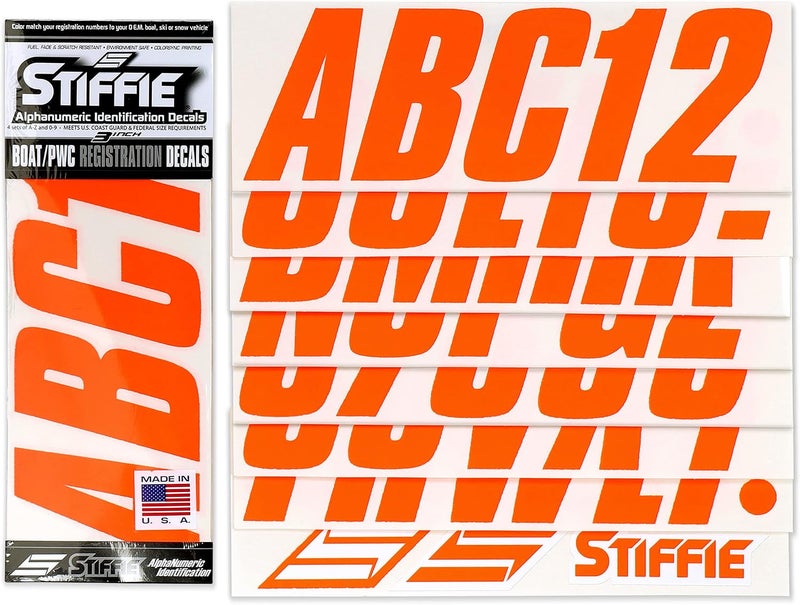Stiffie مجموعة Stiffie Shift Electric Orange الكهربائية بطول 3 بوصات، تحتوي على ملصقات ورقوق لأرقام التسجيل الأبجدية والرقمية، مناسبة للقوارب والمركبات المائية الشخصية. - Image 2