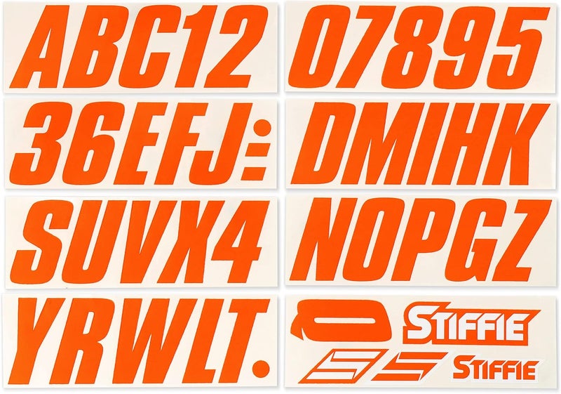 Stiffie مجموعة Stiffie Shift Electric Orange الكهربائية بطول 3 بوصات، تحتوي على ملصقات ورقوق لأرقام التسجيل الأبجدية والرقمية، مناسبة للقوارب والمركبات المائية الشخصية. - Image 3
