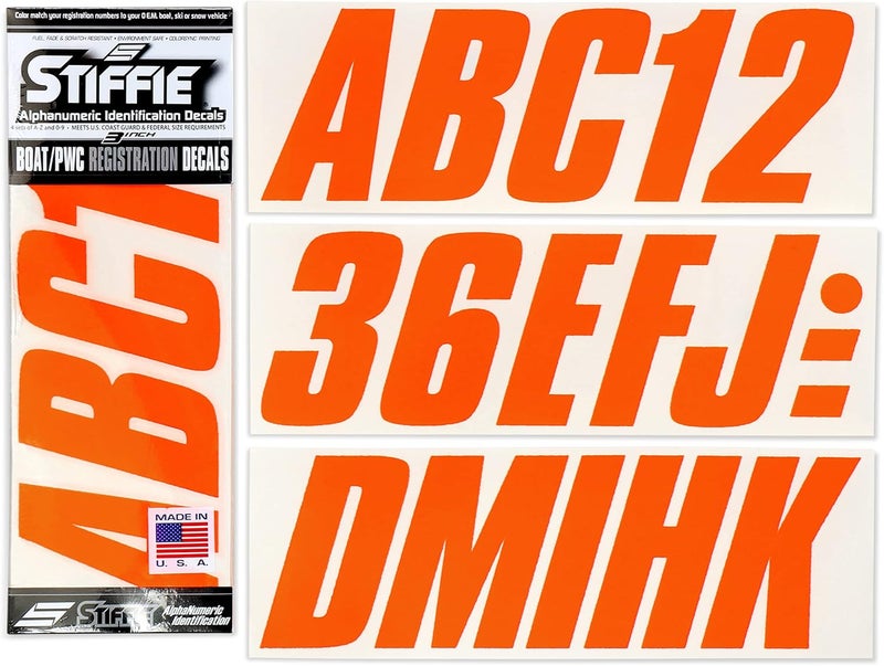 Stiffie مجموعة Stiffie Shift Electric Orange الكهربائية بطول 3 بوصات، تحتوي على ملصقات ورقوق لأرقام التسجيل الأبجدية والرقمية، مناسبة للقوارب والمركبات المائية الشخصية. - Image 1