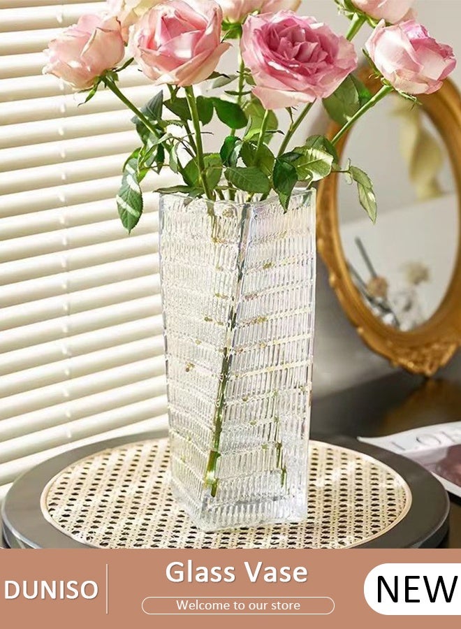 DUNISO Clear Glass Vase, Modern Decorative Vase, Large Irregular Shape Vintage Flower Vase, Minimalist Ins Style Embossed Glass Vase for Wedding Table Decorations Centerpieces, Crystal Vase for Living Room, Bedroom, Kitchen, Dining Table, Mantle - Image 1