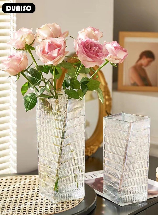DUNISO Clear Glass Vase, Modern Decorative Vase, Large Irregular Shape Vintage Flower Vase, Minimalist Ins Style Embossed Glass Vase for Wedding Table Decorations Centerpieces, Crystal Vase for Living Room, Bedroom, Kitchen, Dining Table, Mantle  - Image 3